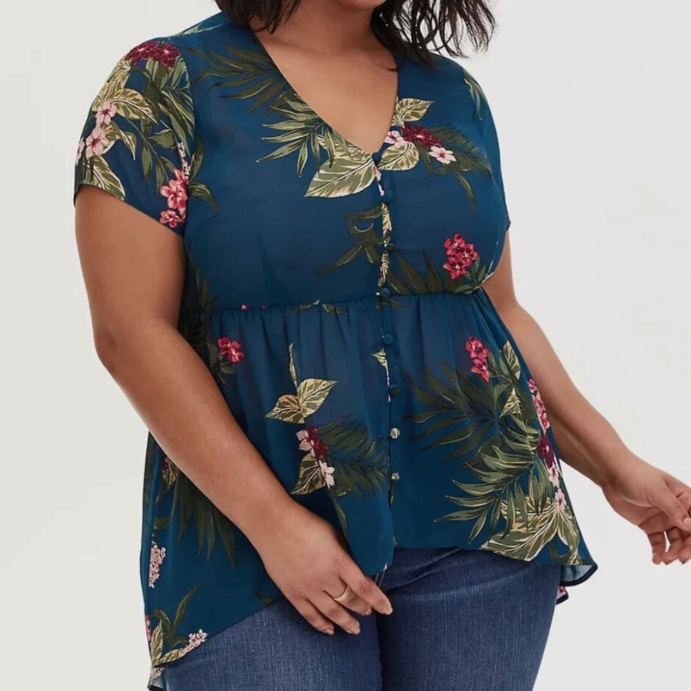 Torrid Tropical Floral Chiffon Hi Lo Babydoll Tunic Sheer Teal Size 0